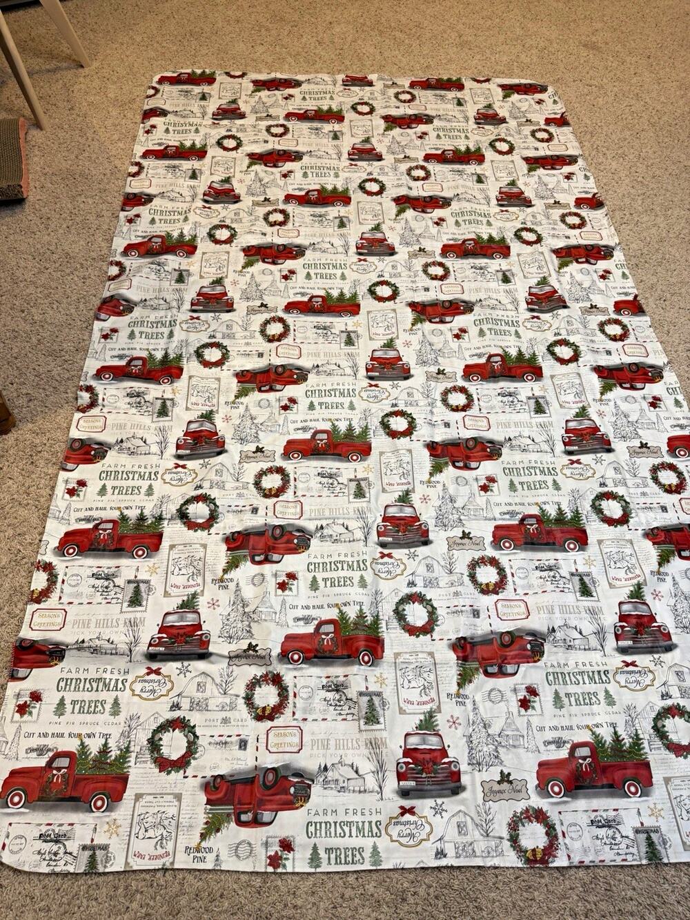 Farmhouse Red Truck Christmas Tablecloth 51x99 Trees Wreaths Holiday Reusable